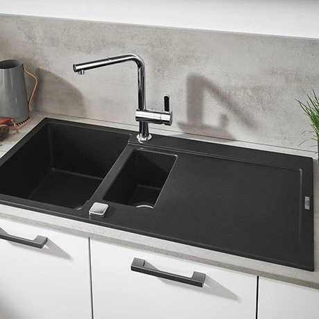 Grohe K500 1.5 Bowl Composite Quartz Kitchen Sink with Drainer - Black - 31646AP0 1 Grohe K500 1.5 Bowl Composite Quartz Kitchen Sink with Drainer - Black - 31646AP0