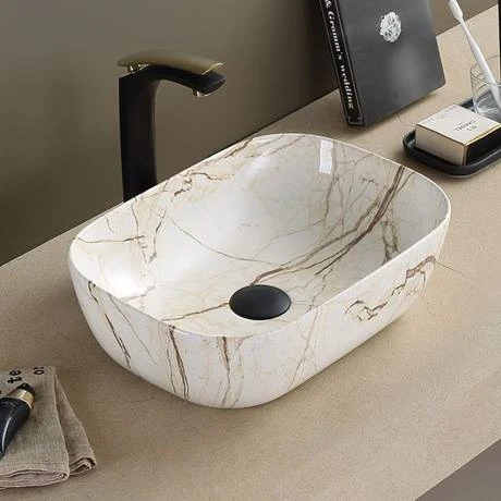 Arezzo 455 x 325mm Curved Rectangular Counter Top Basin - Gloss Marble Effect 2 Arezzo 455 x 325mm Curved Rectangular Counter Top Basin - Gloss Marble Effect - Image 2