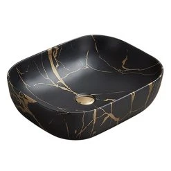 Arezzo 505 x 404mm Rectangular Counter Top Basin - Matt Black & Gold Marble Effect