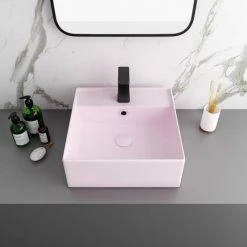 Arezzo 405mm Matt Pink Square Wall Mounted / Counter Top Basin -Basin Kitchen Sinks Shop AZ4BMP d2 460