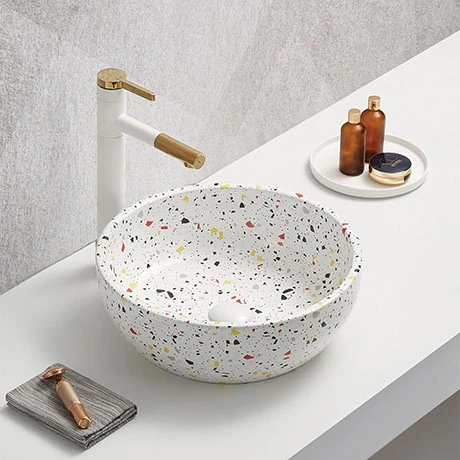 Arezzo White Terrazzo Effect Round Countertop Basin - 410mm Diameter 1 Arezzo White Terrazzo Effect Round Countertop Basin - 410mm Diameter