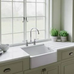 Rangemaster Farmhouse Belfast Ceramic Kitchen Sink inc. Basket Strainer Waste -Basin Kitchen Sinks Shop CFBL595WH D4 460