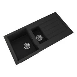 Venice 1.5 Bowl Matt Black Composite Kitchen Sink + Chrome Wastes -Basin Kitchen Sinks Shop VSNK061 D2 460