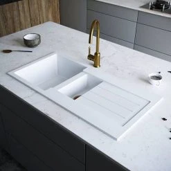 Venice 1.5 Bowl Matt White Composite Kitchen Sink + Chrome Wastes -Basin Kitchen Sinks Shop VSNK102 D4 460